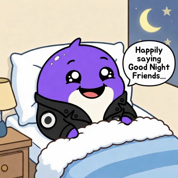 A cute cartoon illustration of a purple and white creature in bed at night, saying 'Happily saying Good Night Friends...' in a speech bubble, with a moon and stars visible through the window.