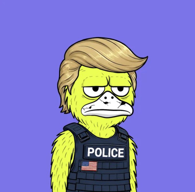 A cartoon illustration depicts a yellow, furry character with a grumpy expression wearing a police vest with a US flag patch and the word "POLICE," set against a purple background.