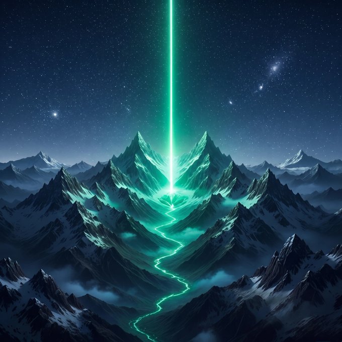 A dramatic nighttime scene features a bright green beam of light shooting up from a glowing mountain range into a starry sky.