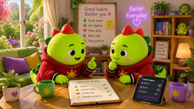 Two green cartoon dinosaurs in red hoodies sit at a wooden table reviewing a "HEALTH PLAN" checklist with items like sleep, nutrition, exercise, and mindfulness, alongside a tablet displaying health insights.