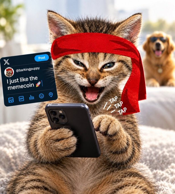 A humorous digital image of a tabby kitten wearing a red headband, holding a smartphone and appearing to type, with a tweet from @barkingpuppy reading 'I just like the memecoin 🚀' and 'TAP TAP TAP' text on screen.