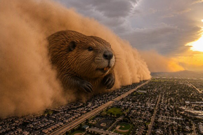 A surreal, fantastical image of a giant beaver emerging from a massive dust storm that looms over a sprawling suburban landscape under a dramatic sunset sky.