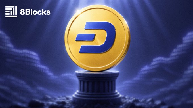 A promotional graphic for "8Blocks" featuring a large gold coin with the Dash cryptocurrency symbol displayed on a pedestal against a dramatic blue background.
