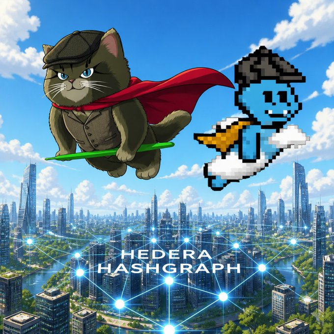 A creative illustration featuring a gray cat in a flat cap and red cape flying on a green broomstick alongside a pixel-art blue character, with 'HEDERA HASHGRAPH' text overlaid on a futuristic cityscape connected by glowing nodes.