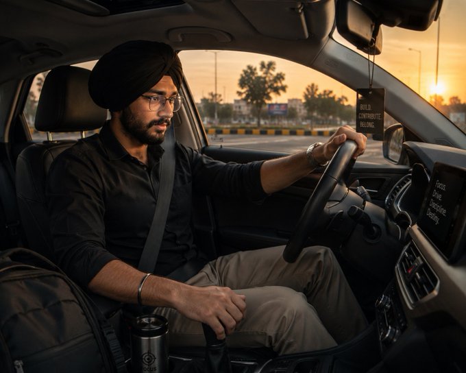 A man wearing a turban and glasses is driving during sunset, with a "Bold, Confident, Relentless" air freshener hanging from the rearview mirror and a branded tumbler in the cup holder. The image visually reinforces the post's theme of starting a new week with energy and discipline, mirroring the driver's focused, fresh-start mindset as he heads into his morning commute to connect with new people.