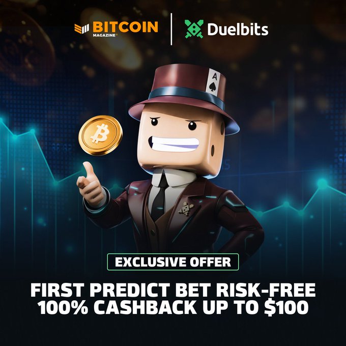The image features a cartoon of a man dressed as a businessman holding a golden coin that says "bitcoin" above his head, indicating he has a Bitcoin coin. Below this figure, there is an offer for a free cashback amount up to $100. The background color of the image is black and blue, giving it a serious tone, while the gold color of the Bitcoin coin contrasts with the dark tones surrounding it. Additionally, some text can be seen in the image that reads "first predict bet risk-free" and "exclusive offer". These details help to emphasize the advertisement's central theme – the Bitcoin coin.