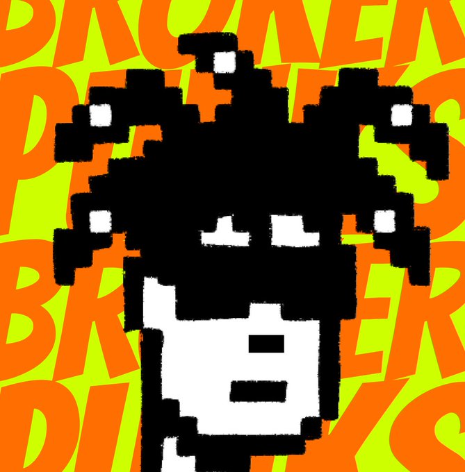 A pixel art character with wild black hair and an exaggerated open-mouthed expression is set against a vibrant orange and lime green background featuring the repeated text "BROKER PUNKS," promoting the upcoming BrokerPunks NFT collection mint starting July 28 at 4 PM UTC.