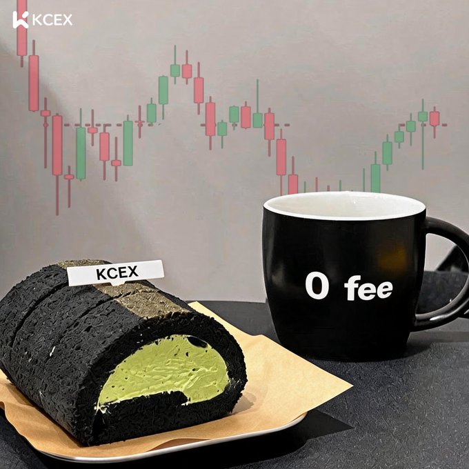 A KCEX cryptocurrency exchange advertisement featuring a black matcha swiss roll cake with 'KCEX' flag and a black mug labeled '0 fee' against a background showing a stock candlestick chart.