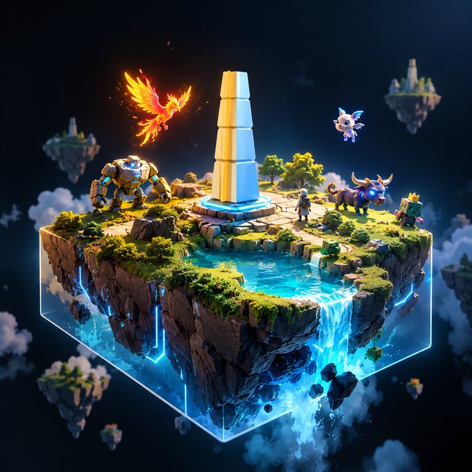 A digital illustration of a floating fantasy island featuring a glowing obelisk, waterfalls, a golem, a phoenix, a dragon-like creature, and other figures in a stylized, game-like setting.