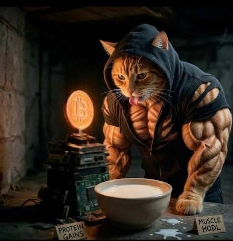A meme image shows a muscular orange cat wearing a hooded vest, lapping milk from a bowl next to a glowing Bitcoin symbol and computer hardware, labeled 'PROTEIN GAINS' and 'MUSCLE HOODL'.