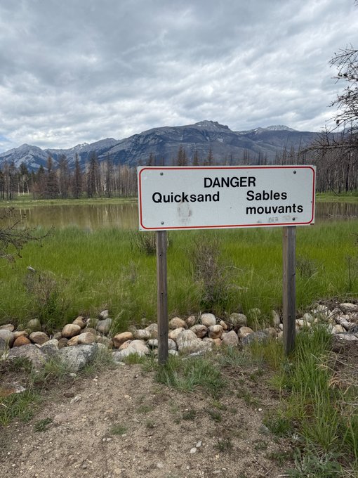 A bilingual warning sign reading 'DANGER Quicksand / Sables mouvants' stands in a grassy area with rocks at its base, with a pond, bare trees, and mountains visible in the background.