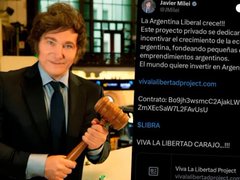 An Instagram post by "Javier Milei" featuring a photo of him holding a wooden gavel, with a caption discussing a project for the liberty of Argentines and contact information for viral journalism.