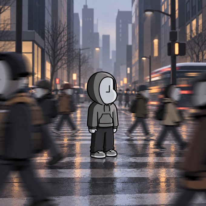 A stylized figure in a gray hoodie stands still on a rainy city crosswalk, surrounded by blurred pedestrians and traffic hurrying past in both directions. The image visually echoes the post's theme of being overlooked or "still" while the busy world rushes by.