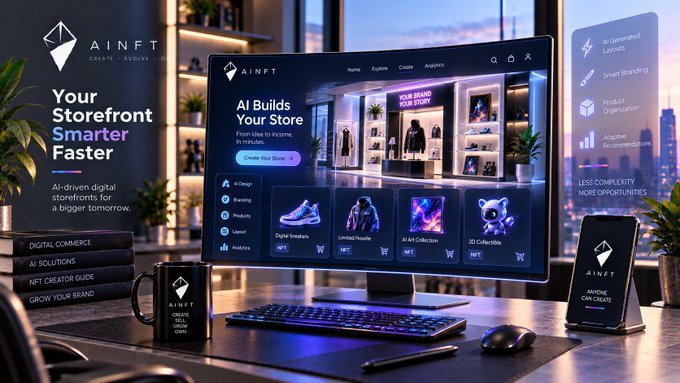 An 'AINFT' branded promotional scene showing a desktop monitor displaying an AI-powered storefront builder interface, accompanied by branded merchandise like a mug, sign, and phone.
