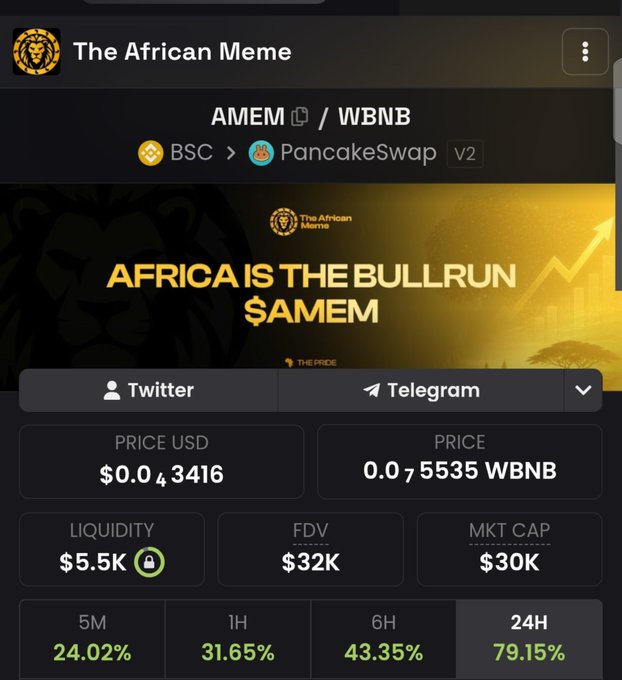 A screenshot of the $AMEM (The African Meme) token page on PancakeSwap v2 (BSC), paired against WBNB, showing a price of $0.00043416 USD, a 24H gain of 79.15%, and a market cap of $30K, supporting the post's bullish pitch that this BNB-chain meme could be a major "rewarder" for holders.