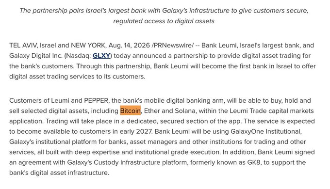 A press release dated August 14, 2026, announcing that Bank Leumi (Israel's largest bank) has partnered with Galaxy Digital Inc. (GLXY) to offer digital asset trading—including Bitcoin, Ether, and Solana—to its customers, making it the first bank in Israel to provide such services, with trading expected to launch in early 2027 via GalaxyOne Institutional and the Custody Infrastructure platform (formerly GK8).