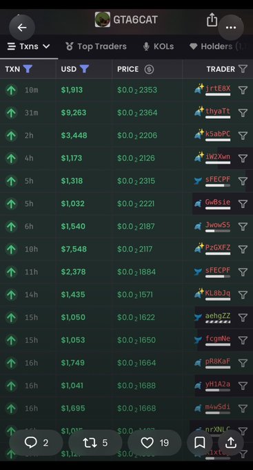 A mobile screenshot showing transaction history for the "GTA6CAT" token, displaying a table of recent buy transactions with timestamps (10m to 16h ago), USD amounts ranging from $1,032 to $9,263, prices around $0.16-$0.23, and various trader names (IrtE8X, tXyaTt, K5abPC, etc.), with all arrows indicating upward buys—visually supporting the post's claim that whales are actively accumulating $GATO.