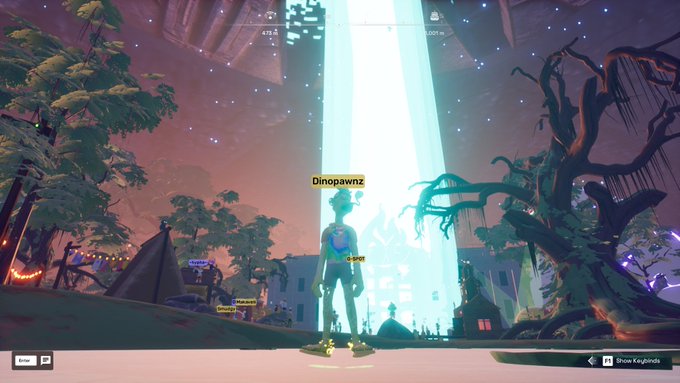 A video game screenshot showing a character named 'Dinopawnz' standing in a glowing beam of light at night, with the location 'Snow Kingdoms' labeled at the bottom.