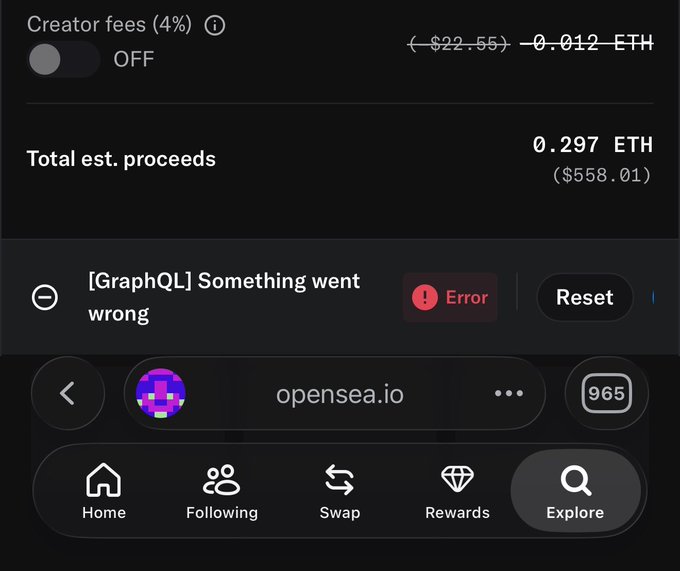 A mobile screenshot shows the OpenSea NFT marketplace (opensea.io) displaying a transaction with total estimated proceeds of 0.297 ETH ($558.01), alongside a visible "[GraphQL] Something went wrong" error message. The image supports the post's claim by showing that GraphQL errors were appearing directly on OpenSea's own platform, not just on the third-party site "mintdash" the user was previously using.