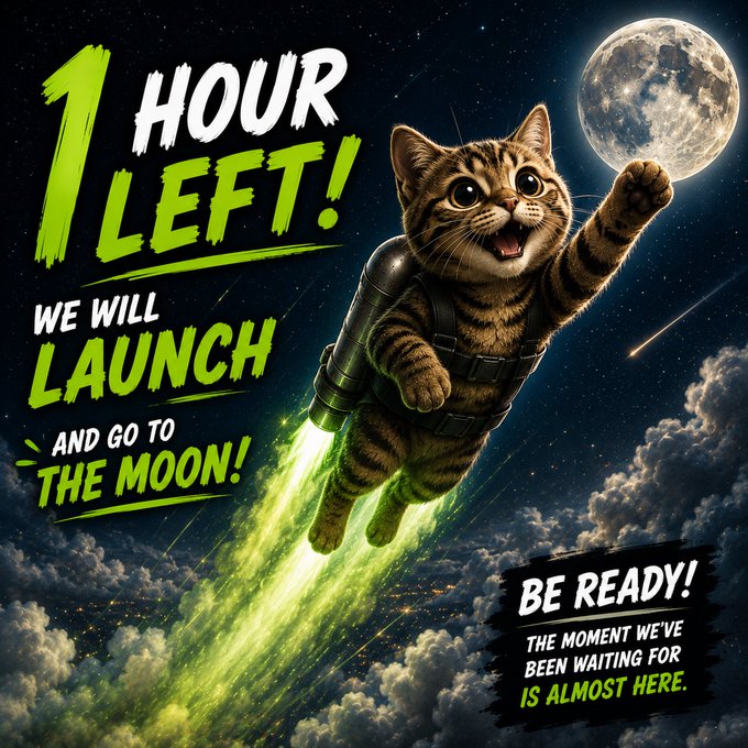 A promotional graphic showing a cat wearing a jetpack flying toward the moon with the text '1 HOUR LEFT! WE WILL LAUNCH AND GO TO THE MOON!' and 'BE READY! THE MOMENT WE'VE BEEN WAITING FOR IS ALMOST HERE.'
