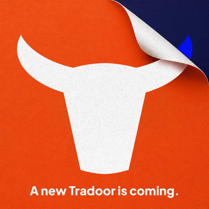 A promotional graphic with an orange background featuring a white bull head logo and the text 'A new Tradoor is coming.'