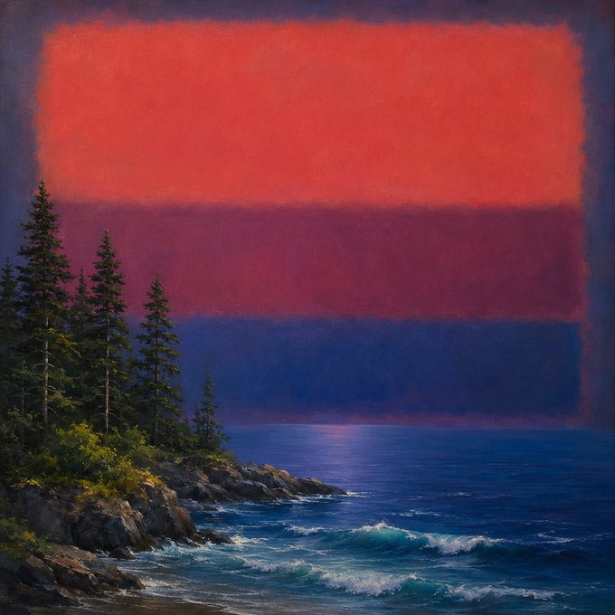 A landscape painting of pine trees on a rocky coast with waves, set beneath a sunset sky featuring large horizontal bands of red and blue colors reminiscent of Mark Rothko's style.