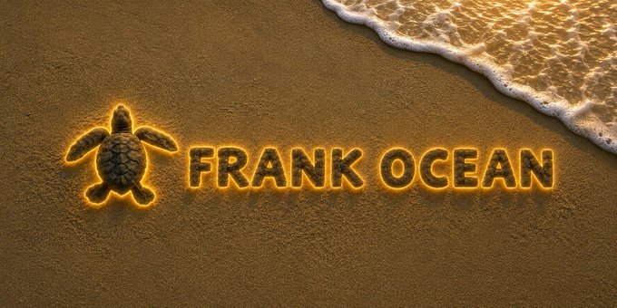 A glowing neon-style "FRANK OCEAN" logo with a baby sea turtle beside it appears on a sandy beach with foamy ocean water lapping at the shore, illustrating the viral TikTok meme of a lone baby sea turtle making its journey to the sea that commenters dubbed after the famous singer Frank Ocean.