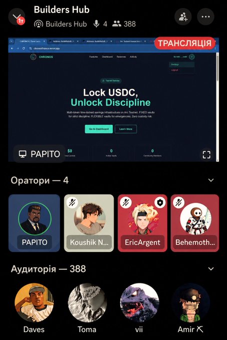 A screenshot of a Telegram group called 'Builders Hub' with 388 members, featuring a live translation stream of a website titled 'Lock USDC, Unlock Discipline' from chronos.