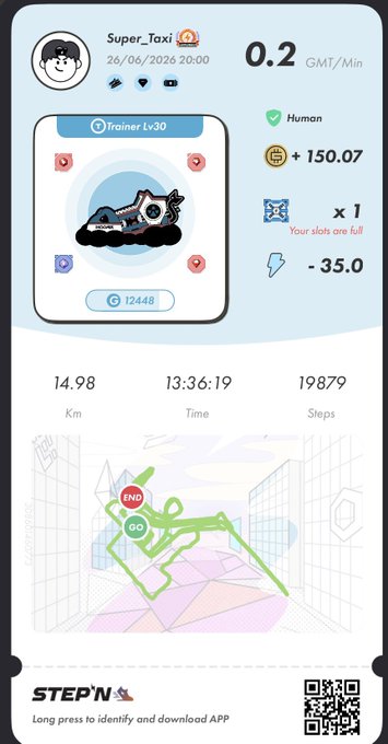 The image shows a StepN app screenshot displaying a "Super_Taxi" Trainer Lv30 sneaker earning 0.2 GMT/Min with stats of 14.98 Km, 13:36:19 time, and 19,879 steps, along with a map showing the walking route. The post promotes StepN on the Solana blockchain, encouraging users to walk, sweat, and earn, while sharing a referral code and mentioning the ongoing hunt for a rare Rainbow sneaker.