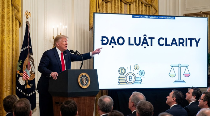 A man at a podium gestures toward a screen displaying 'ĐẠO LUẬT CLARITY' with text about 'TRUMP CALLS FOR PASSAGE OF 'FAIR' CLARITY ACT' and icons of cryptocurrency and a balance scale.