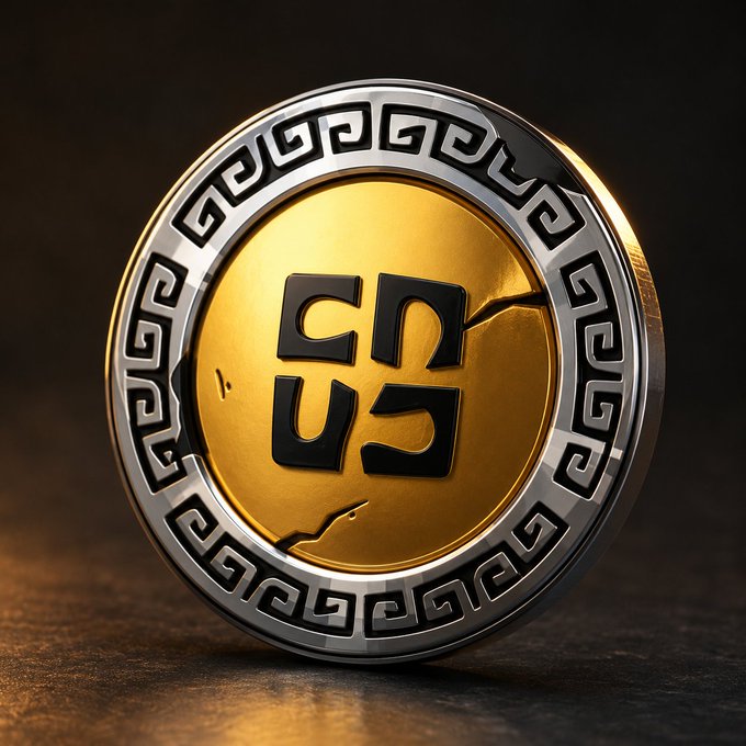 A 3D render of a cracked gold and silver coin with a Greek key border pattern and a stylized black geometric symbol in the center, resting on a dark wooden surface.
