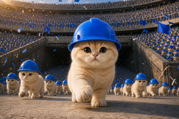 A whimsical AI-generated image showing a group of cute kittens wearing blue hard hats marching through a stadium filled with similar cats.