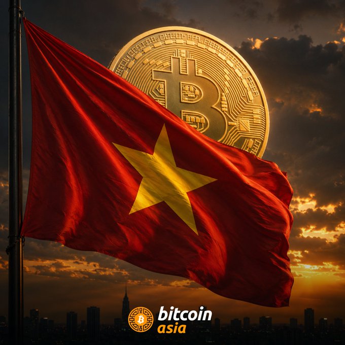 The Vietnamese flag waves prominently in the foreground with a golden Bitcoin coin in the background, branded with a 'bitcoin asia' logo at the bottom.