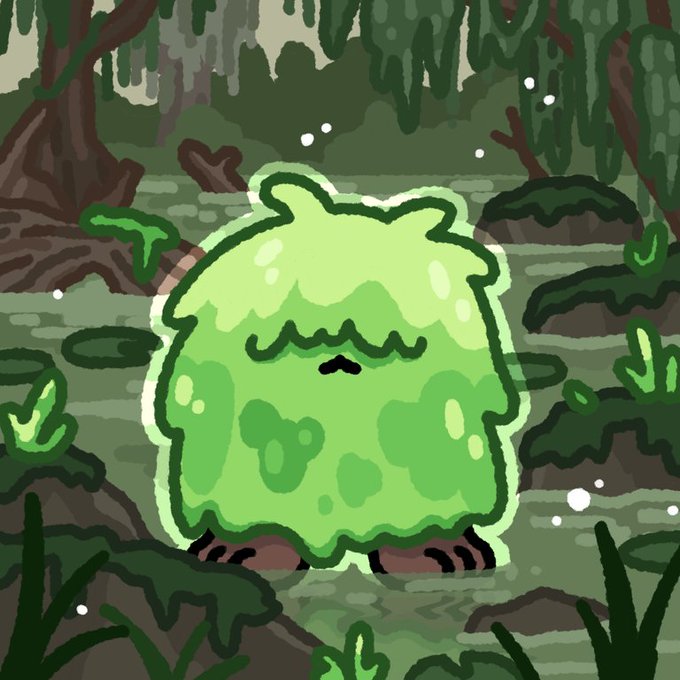 A cartoon-style illustration of a round, green, blob-like creature with a small mustache and closed eyes standing in a swampy forest setting.