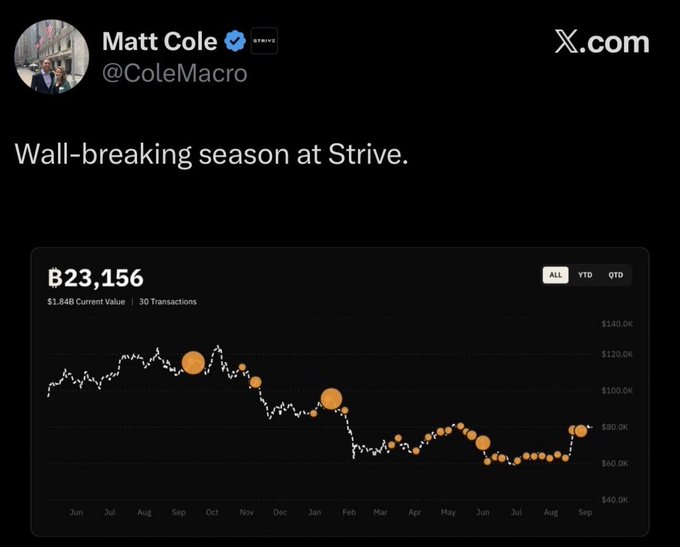 A screenshot of a tweet from Matt Cole (@ColeMacro) at Strive saying 'Wall-breaking season at Strive,' showing a portfolio chart valued at $23,156 with $1,848 current value across 30 transactions, displaying a downward trend from June to September.