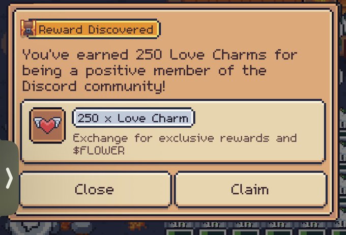 A pixel-art game interface showing a 'Reward Discovered' notification for earning 250 Love Charms in the Discord community, with options to 'Close' or 'Claim'.