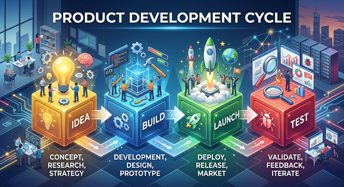 An isometric infographic titled 'PRODUCT DEVELOPMENT CYCLE', showing four stages (Idea, Build, Launch, Test) with 3D cubes, characters, and corresponding descriptions.