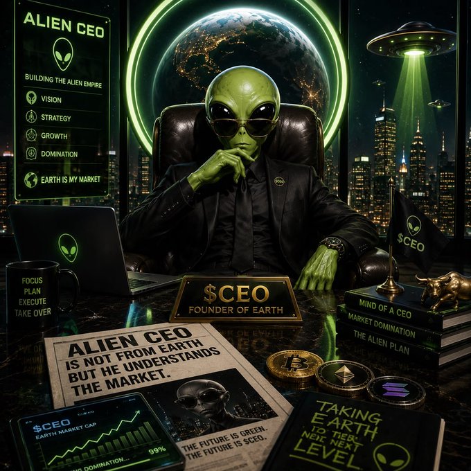 A stylized image shows a green alien wearing sunglasses and a black suit sitting at an executive desk with an 'ALIEN CEO' interface and text like 'BUILDING THE ALIEN EMPIRE', '$CEO FOUNDER OF EARTH', and 'TAKING EARTH TO THE NEXT LEVEL'.