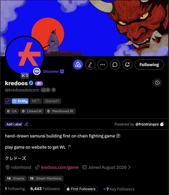 A Twitter/X profile page for 'kredoos' (@kredoosdotcom) featuring samurai and oni artwork, tagged as Entity/NFT/GameFi, with the bio reading 'hand-drawn samurai building first on chain fighting game'.