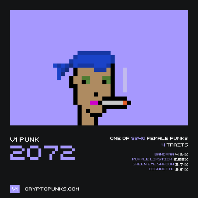 A CryptoPunk V1 NFT #2072 displaying a female punk with a blue bandana, purple lipstick, green eye shadow, and a cigarette on a purple background.
