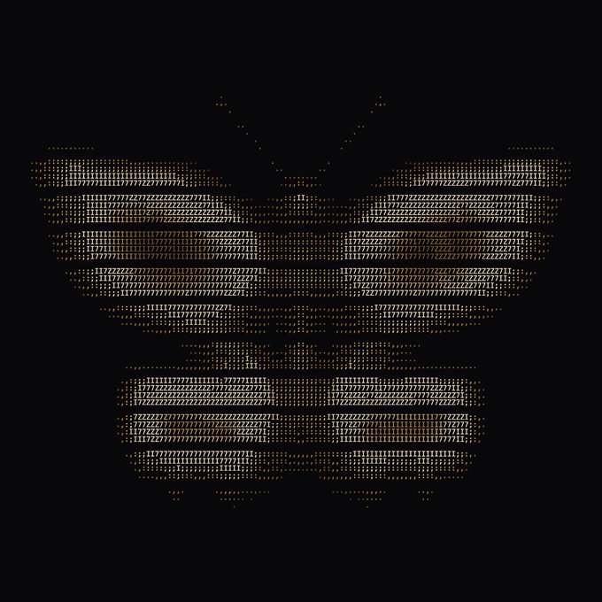 A gold sequined eagle logo on a black background, resembling the Emporio Armani brand symbol, with small details forming the iconic eagle shape.