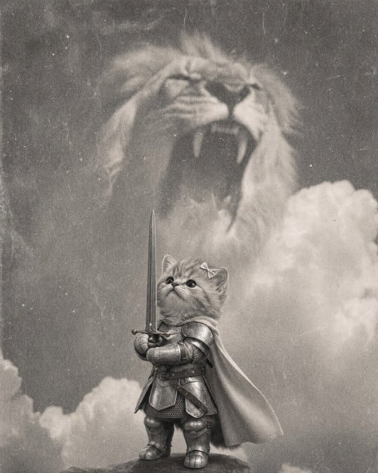 A vintage-style, sepia-toned illustration of an adorable kitten dressed in medieval knight armor with a flowing cape, holding a sword while standing heroically on a cliff with a roaring lion face emerging from clouds behind it.
