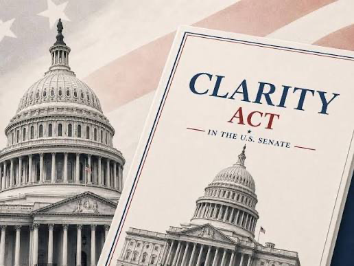 Image showing the U.S. Capitol building alongside a document titled 'CLARITY ACT IN THE U.S. SENATE'.