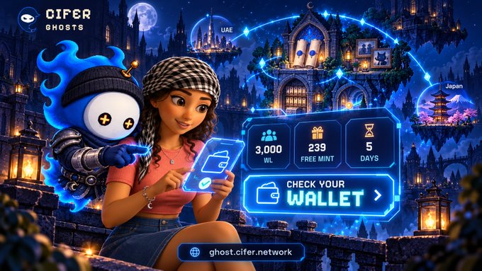 A digital promotional banner for 'CIFER GHOSTS' NFT project featuring a female character and a blue ghost mascot, displaying stats of 3,000 WL, 239 Free Mint, and 5 Days, with a 'CHECK YOUR WALLET' prompt and the website ghost.cifer.network.