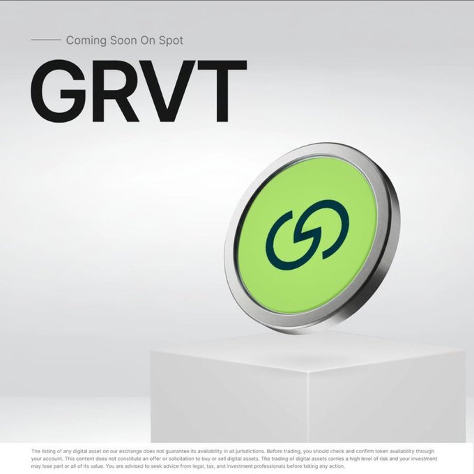 Promotional graphic for the digital asset 'GRVT' coming soon on Spot, displayed with a green circular logo on a pedestal and regulatory disclaimer text.