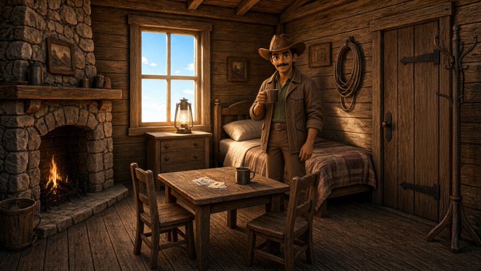 An illustration of a mustachioed cowboy in a brown hat inside a cozy wooden cabin, holding a mug near a lit stone fireplace.