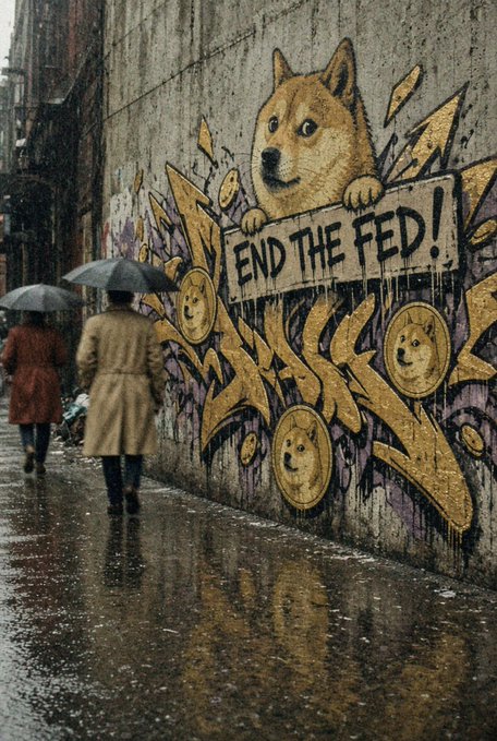 A rainy urban alley features graffiti of Shiba Inu dogs on a wall, including one holding a sign reading 'END THE FED!', as people with umbrellas walk by.