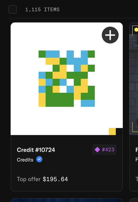 A screenshot of a digital marketplace displaying a pixelated character asset labeled 'Credit #10724' with a 'Top offer $195.64' under '1,115 ITEMS'.