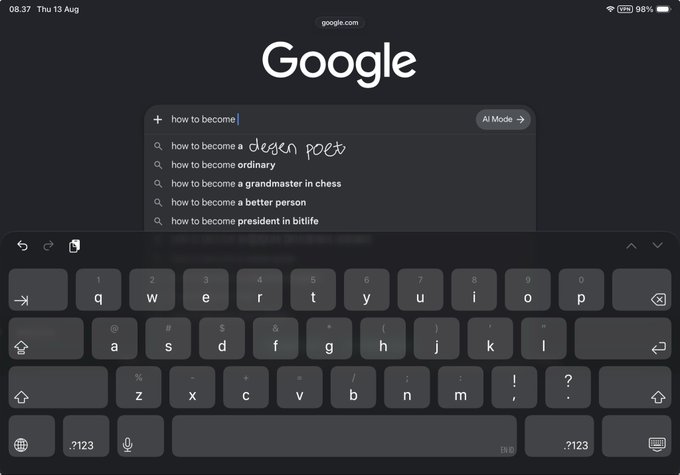 A screenshot of the Google homepage on a tablet in dark mode, showing a search bar with the query 'how to become' and autocomplete suggestions including 'how to become a design poet' and 'how to become ordinary', with a virtual keyboard visible at the bottom.