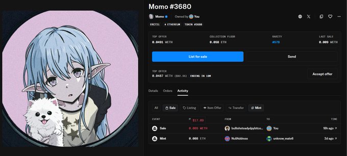 An OpenSea NFT listing for 'Momo #3680', an anime-style character with light blue hair and pointed ears holding a small white dog, priced at 0.0487 ETH.